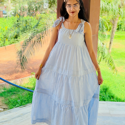 Azure Breeze Tiered Cotton Maxi Dress