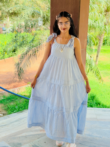 Azure Breeze Tiered Cotton Maxi Dress