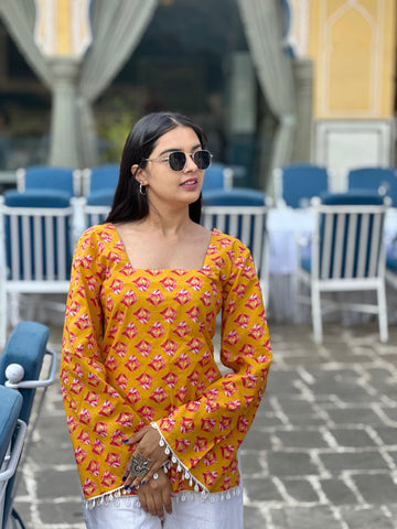 Mustard Buti Cotton Kurti – Back Dori