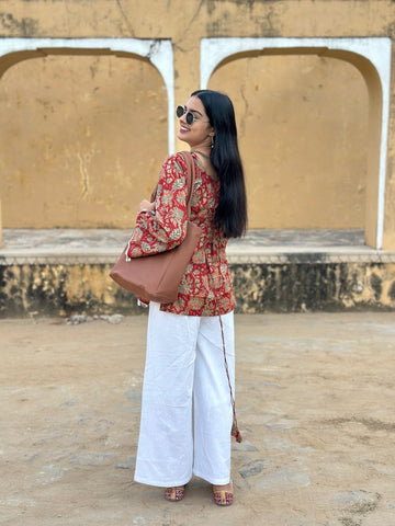 Deep Red Floral Cotton Kurti – Back Dori