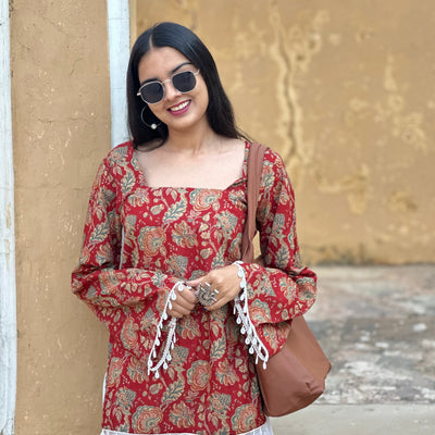 Deep Red Floral Cotton Kurti – Back Dori