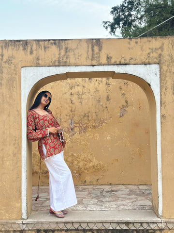 Deep Red Floral Cotton Kurti – Back Dori