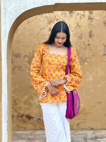 Golden Bloom Floral Cotton Kurti – Back Dori