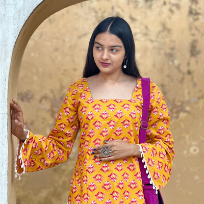 Golden Bloom Floral Cotton Kurti – Back Dori