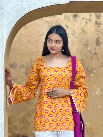 Golden Bloom Floral Cotton Kurti – Back Dori