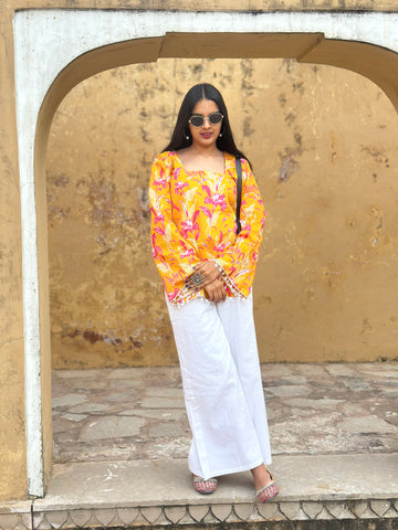 Yellow Pink Floral Cotton Kurti – Back Dori