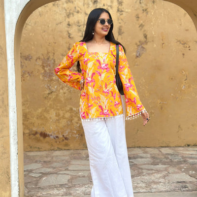 Yellow Pink Floral Cotton Kurti – Back Dori