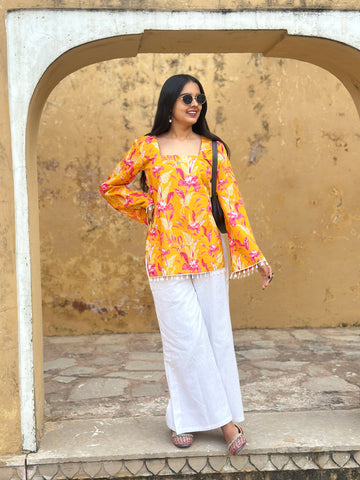 Yellow Pink Floral Cotton Kurti – Back Dori