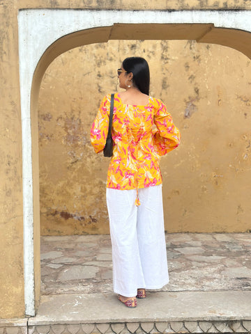 Yellow Pink Floral Cotton Kurti – Back Dori